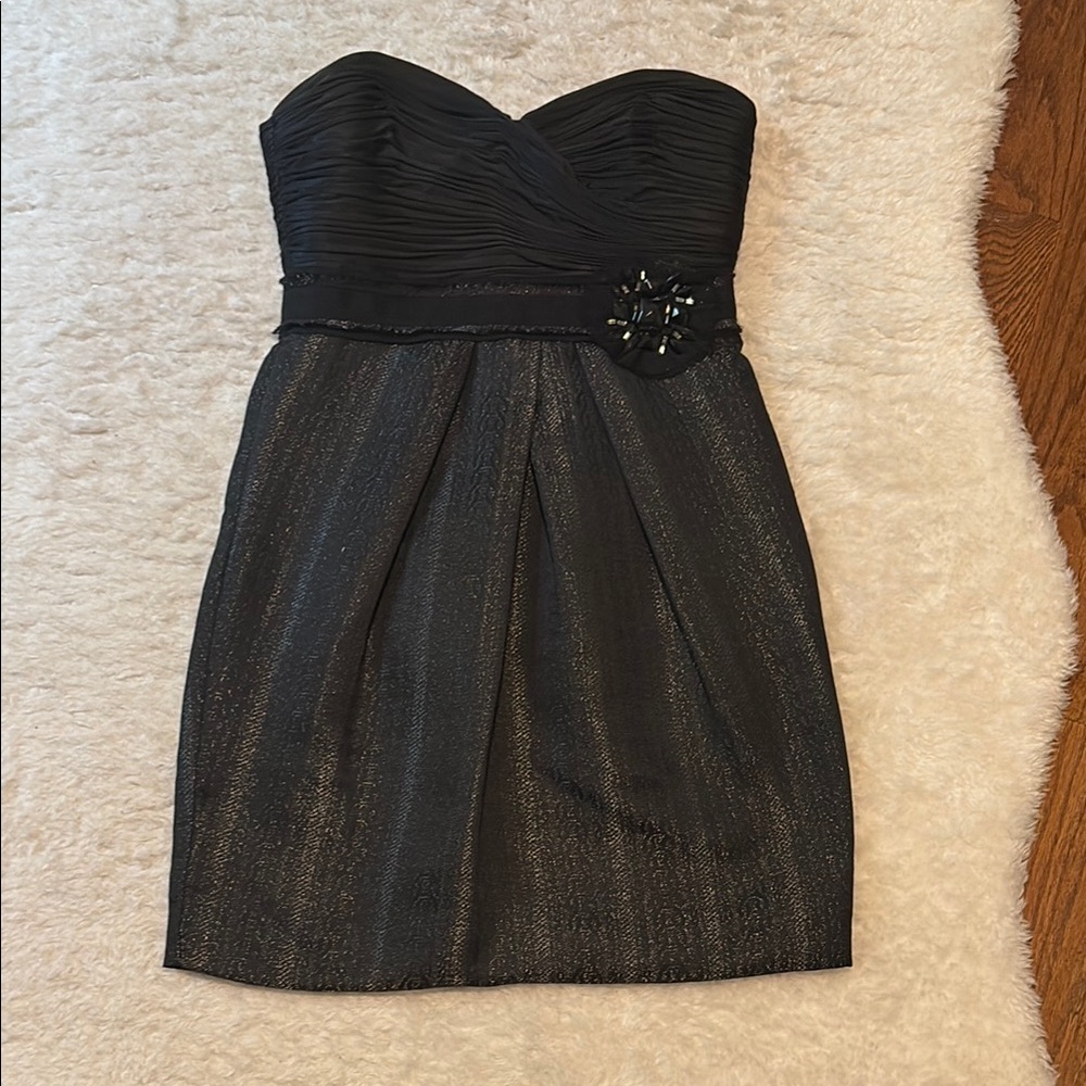 BCBGMaxAzria Black Strapless Dress ruched bodice and brocade skirt